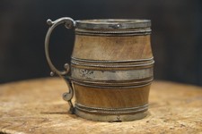 Antique 19thC Coopered Oak & White Metal Tankard Mug Georgian Victorian