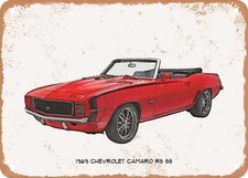Classic Car Art - 1969 Chevy Camaro RS SS Pencil Sketch - Rusty Look Metal Sign