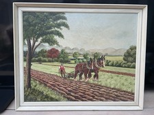 Vintage Original Oil  Painting Signed  - Shire Horses At Work In The Fields.