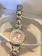 Watch Wristwatch Silver Figaro Women Metal Boxed Purpley Pink Needs Battery