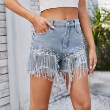Summer Womens Fringed Denim High Waist Ripped Shorts Jeans Hotpants Diamond SIZE