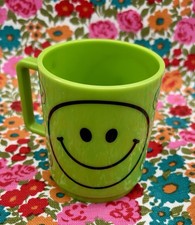 Vintage 70s Deka Smiley Face Mug Rare Retro Stackable Hard Plastic EUC Green