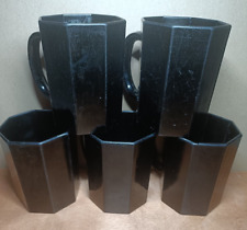 Vintage Arcoroc Octime Hexagonal Black Glass Mugs X 5 80s Retro