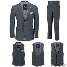 Mens Blue Wool Mix Tweed 3 Piece Suit Sold Separately Blazer Trouser Waistcoat