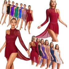 Women Lyrical Dance Costumes One Shoulder Long Sleeve High-Low Skating Dress