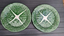 2 VINTAGE GREEN CABBAGE LEAF MAJOLICA  DINNER PLATES PORTUGAL