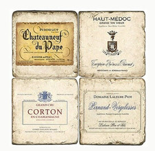 Studio Vertu, Set of 4, French Wine Labels V Tumbled Botticino Marble Coasters