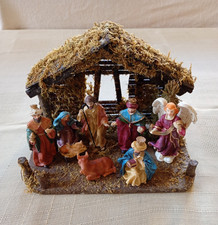 Vintage Nativity / Christmas Scene. 8 Piece Resin Figures/ Animals. Wooden Crib.