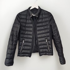 Zara Woman Smart Black Duck Down Quilted Puffer Jacket Gold Zips Size M Stretch