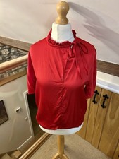 Sandro Angie Satin Asymmetric Tie Neck Short Sleeve Blouse Red Size Medium