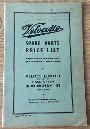 Velocette spare parts list - list, oct