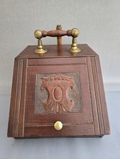 Antique Coal Box Carved Wood & Brass