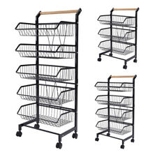 3/4/5 Tier Kitchen Trolley Storage Rack Cart Trolley W/ Wheels & Wooden Handle