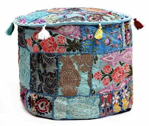 Embroidered boho ottoman puff - embroidered,