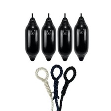 4x Hurricane Boat Fenders PM03 Black 53x18cm + Free Spliced 10mm Rope UK