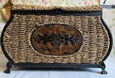 Vintage Metal & Wicker Dome Top Log Box Rattan Metal Storage Box Chest