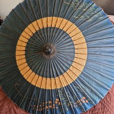 Vintage Japanese Parasol Hand Painted Paper and Bamboo Black