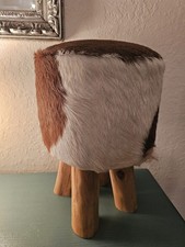 Vintage Genuine Animal Hide Stool W/Raw Wood Legs, Tan & White-Excellent