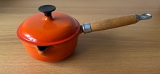 Vintage Volcanic OrangeCast iron  Milk Pan with Lid and Wooden Handle - 15cm