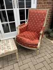 French Wing Back Armchair & Stool Carved Louis XV Cream & Gilt Painted
