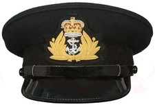 ROYAL NAVY OFFICER BLACK CAP, NAVAL PEAK CAP, R N CAP BULLION BADGE MILITARY HAT