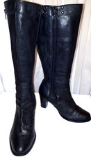 Ladies 7 WIDE black leather wider calf 3" heel side zip knee high boots