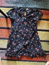 Next Girls Summer Dress Age 8 Black Polka Dot Rose Print, Ruffle Hem, Viscose
