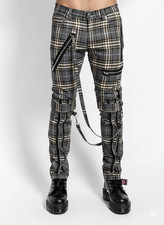 Men's Gray Tartan Plaid Pants Punk Gothic Slim Fit Straps Casual Trousers