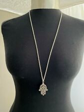 A Tibetan Silver Lucky Evil Eye, Hamsa Hand 40*28mm, Long 30" Chain Necklace