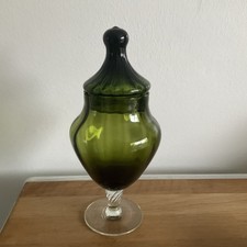 Vintage Empoli Italian Glass Apothecary Bon Bon Jar With Lid Green Twisted Stem