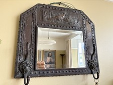 Antique Copper art craft hall Wall Mirror Repoussé Pheasant Lion Head Hooks 1900