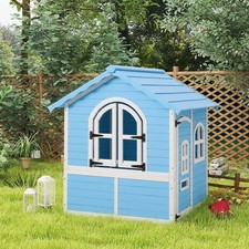 Large Wooden Playhouse with Doors, Windows, Apex Roof for Kids Children- Blue UK