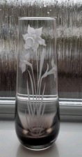 Caithness Vintage Art Glass Vase 1970s Etched Daffodil Brown Ombre 23cm Tall