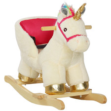 Rocking Horse Ride On Toy Kids Unicorn Plush Seat Wooden Base Sound Cream 18-36M