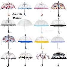 Ladies Birdcage Rain Strong Umbrella Walking Length Clear Dome Brolly Border 