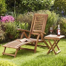 Garden Life Acacia Hardwood Folding Steamer Deckchair Integrated Footstool Table