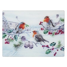Christmas Robins Scene Glass Cutting Chopping Board Worktop Saver