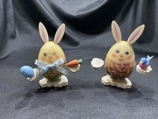 Vantage papier Mache Easter Egg as Bunny Rabbit with bird and carrot Set of 2