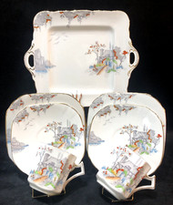 Tea For Two Square Vintage Bone China Sutherland China “Thatched Cottage”7 Piece