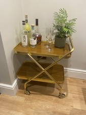 Mid Century Vintage Folding Gold-tone and Wood-effect Formica Drinks Trolley