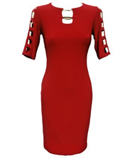 Joseph Ribkoff Red Gold Details Sheath Dress Size 8 Key Hole Caged Sleeve