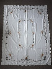Vintage Large Tablecloth Cut Work Floral Embroidered Cream  70"x 53"