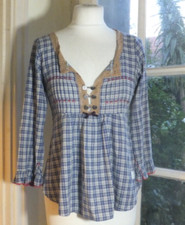 ODD MOLLY 3/4 Sleeved Blue Check Boho Smock Style Top - Cotton - Size 0 (UK 8)