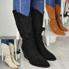 Cowboy Boots Shoes Ladies Western Mid Calf Faux Suede Comfy Women Zip Heel Size