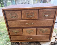 Antique Oak 8 Drawer Card File Cabinet w Brass Hardware Library or Office