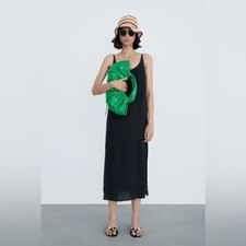 Zara Strappy Tie Sleeve Side Slit Scoop Neck Midi Dress in Black Size XS