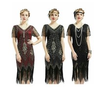 UK Great Gatsby Costume 1920's Cocktail Party Sequin Fringe Flapper Dress