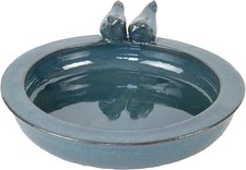 Round Ceramic Bird Bath Blue Glaze Garden Outdoor Seed Feeder Bowl Decoration