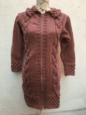 Ladies Wool Coat 12 Aran Zip 40 M Med Pink Zipper Hand Knitted Collar Cable 100%