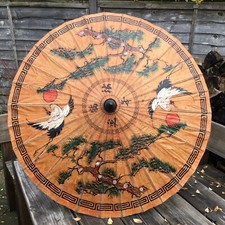 Vintage Oriental Chinese Painted Bird Design Paper Parasol Umbrella 32” Diameter